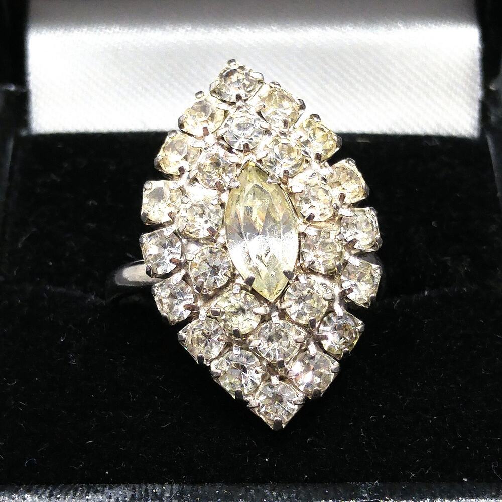 Vintage Clear Rhinestone Adjustable Ring, Size 7, Rhodium Plated, 1950s
